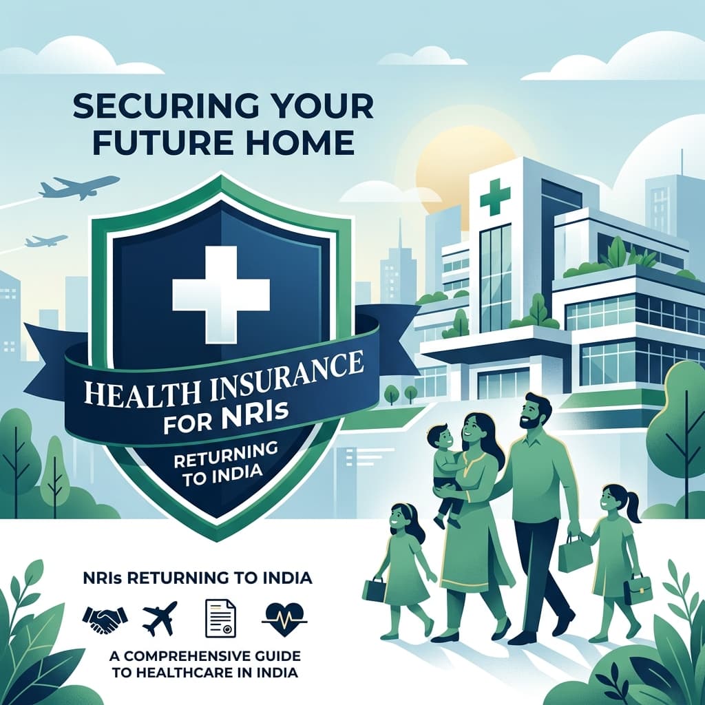A premium editorial illustration for health insurance in India with stylized medical cross and shield.