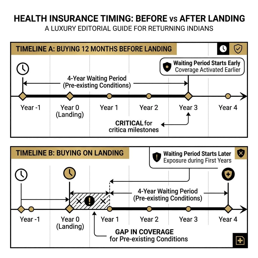 A minimalist infographic comparing health insurance timing: Buying Before vs After Landing.