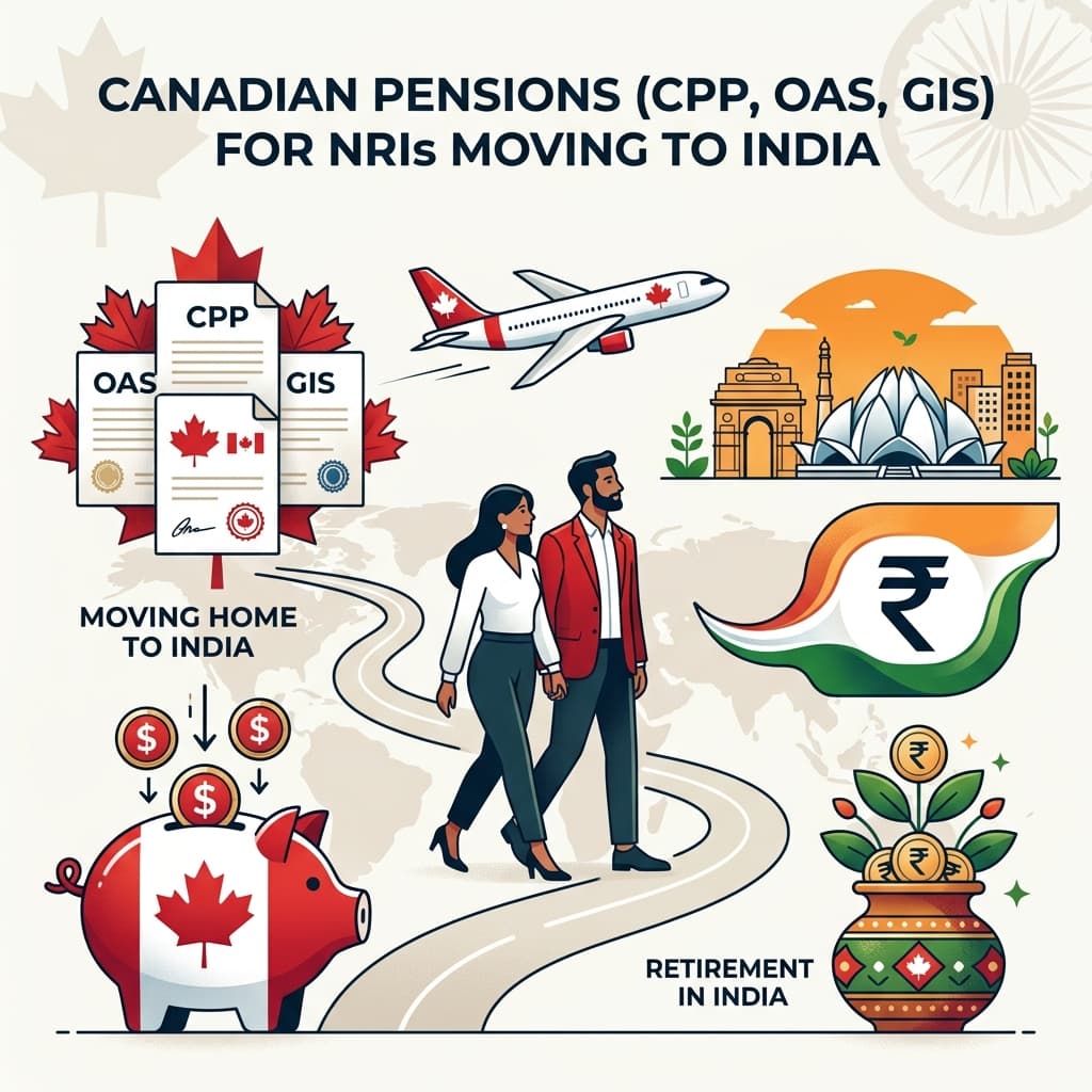 A professional editorial illustration about Canadian pensions for NRIs moving to India.