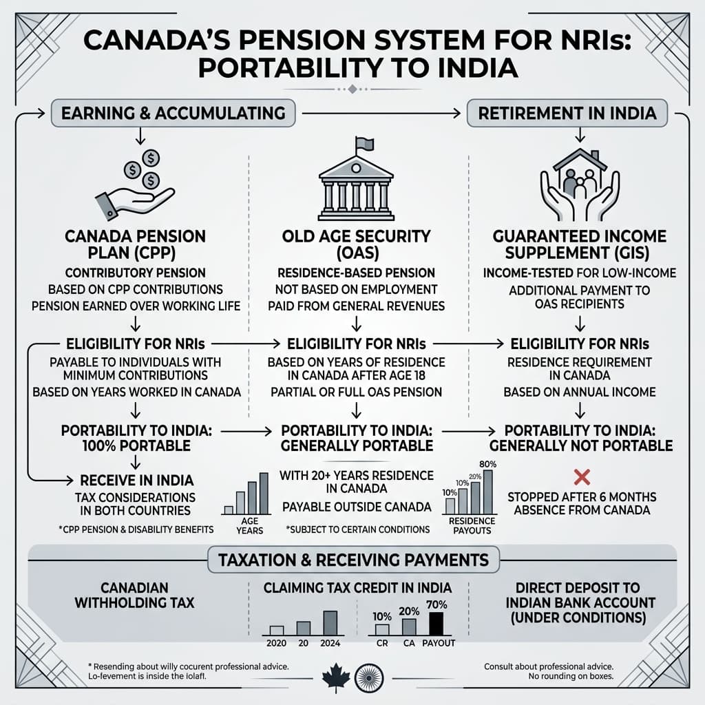 A premium minimalist visualization of the Canadian pension system for NRIs.