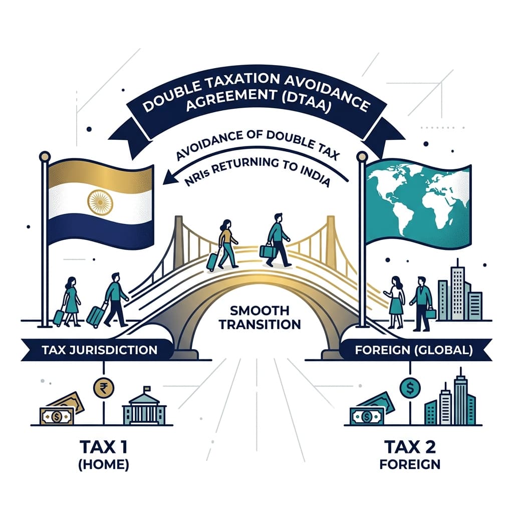 A premium editorial illustration showing a double-taxation decision map with two tax systems and a treaty bridge.