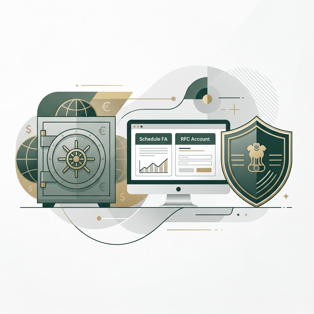 A premium editorial illustration showing a global asset map with bank vaults and tax forms.