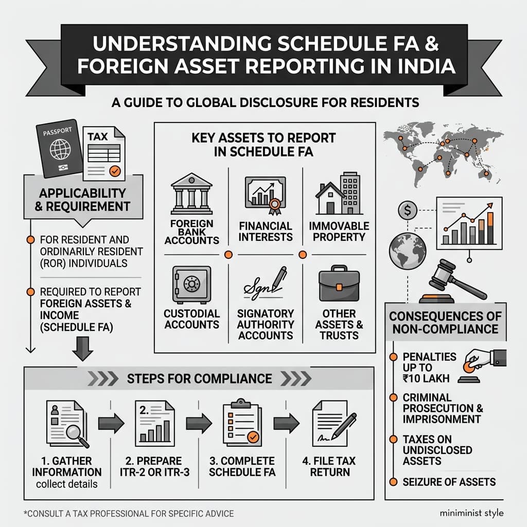 A premium minimalist infographic about Schedule FA and foreign asset reporting.