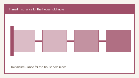 Two-layer diagram separating a household-goods transit insurance policy from a mover's liability cover, with the claim path from survey to settlement. Animated decision map.