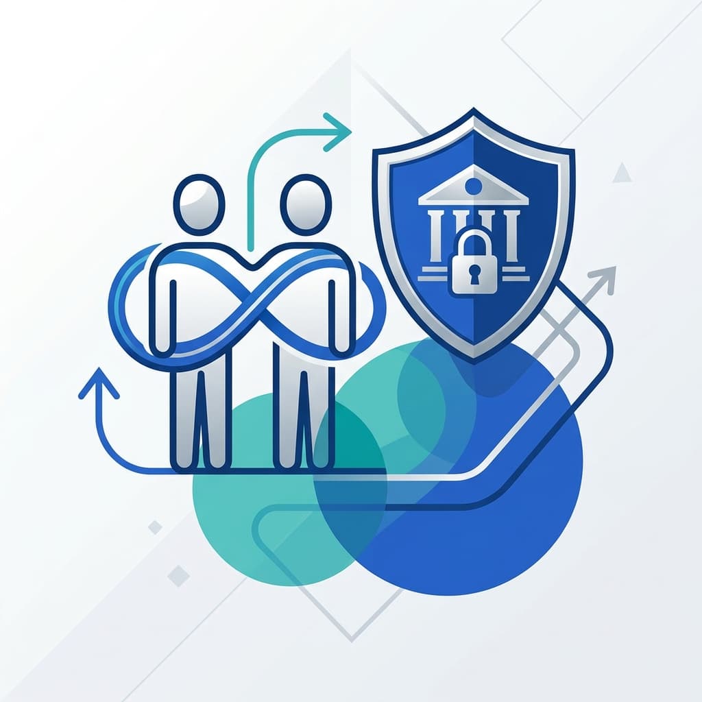 A premium editorial illustration for joint bank account rules in India with stylized shared account symbols.