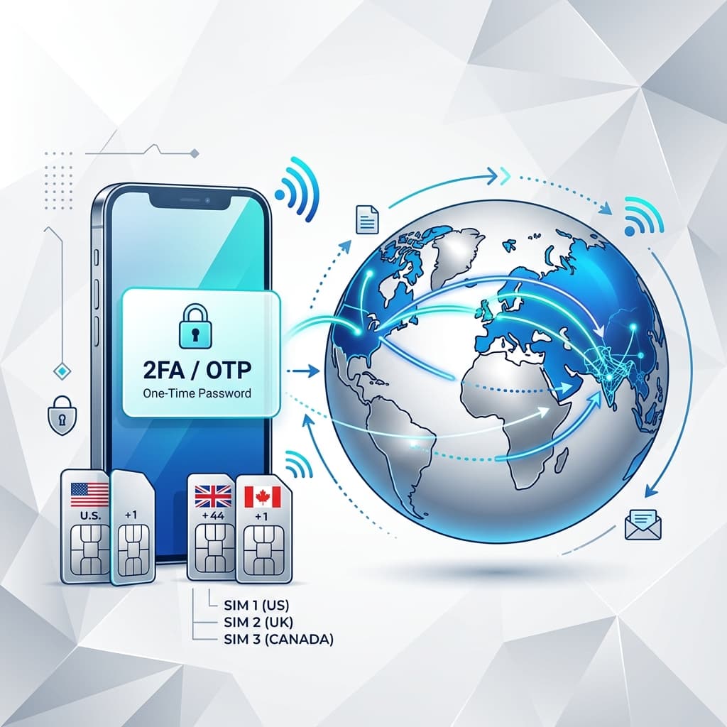 A premium editorial illustration for keeping foreign phone numbers active in India with stylized smartphone and OTP icons.
