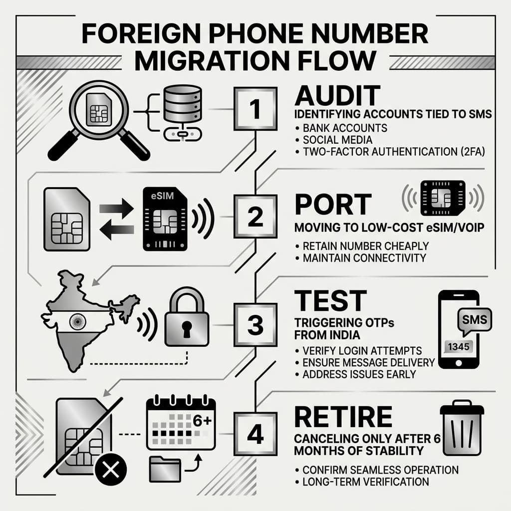 A minimalist infographic of the foreign phone number migration flow.