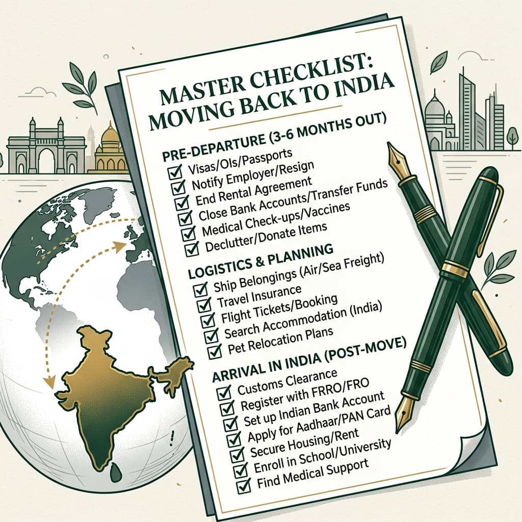 A high-quality editorial illustration of a person planning their move back to India with a checklist.
