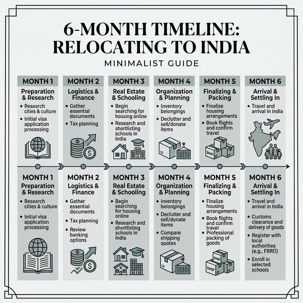 A premium minimalist infographic showing a 6-month timeline for moving to India.