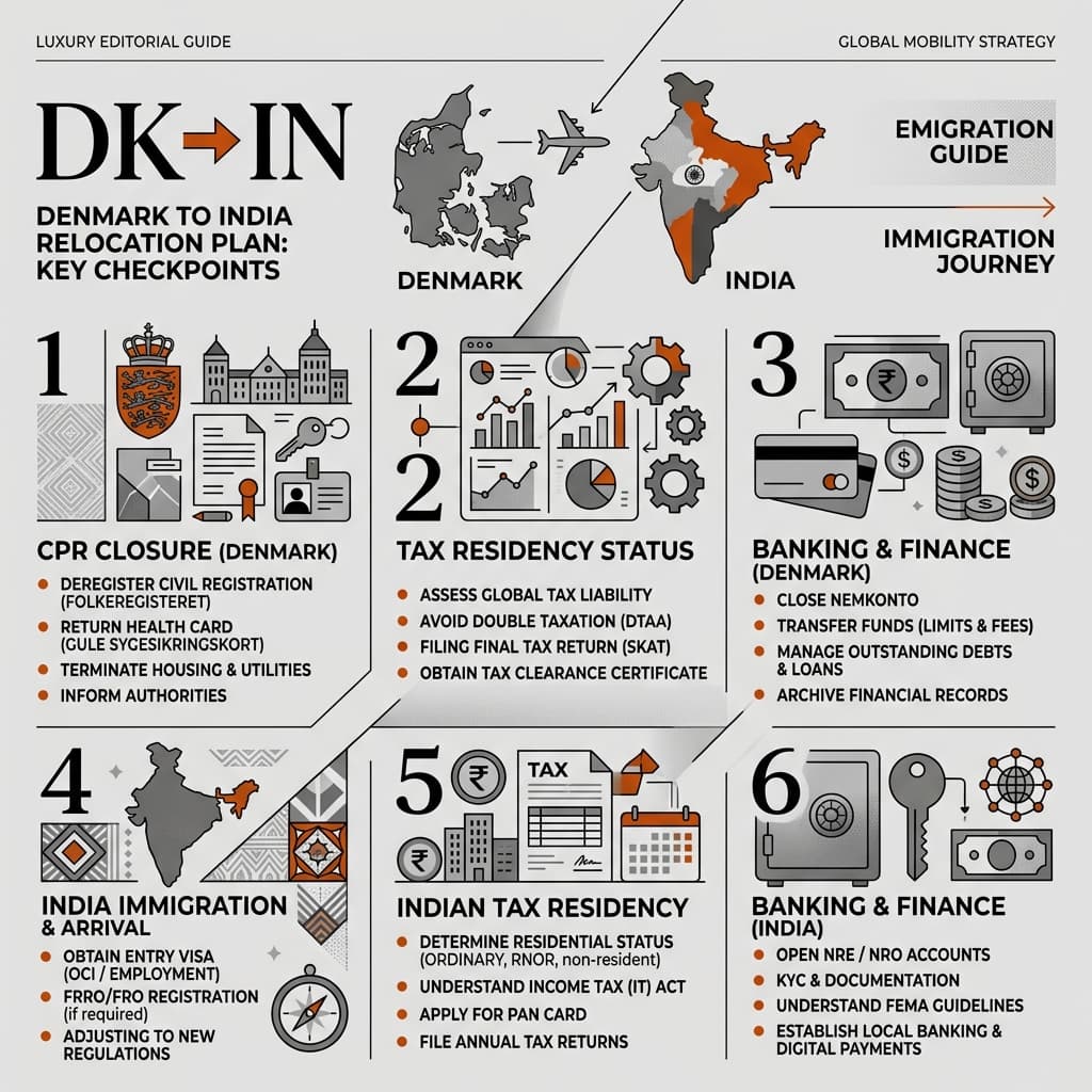 Flat editorial visual showing Denmark to India relocation planning with CPR, tax, pension, and banking checkpoints.