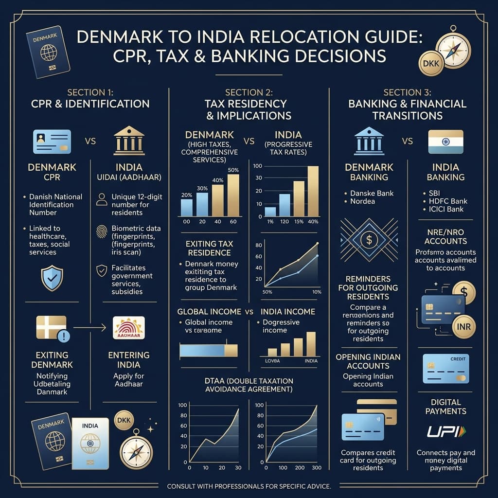 Infographic comparing tax, CPR, and banking decisions for a Denmark to India move.