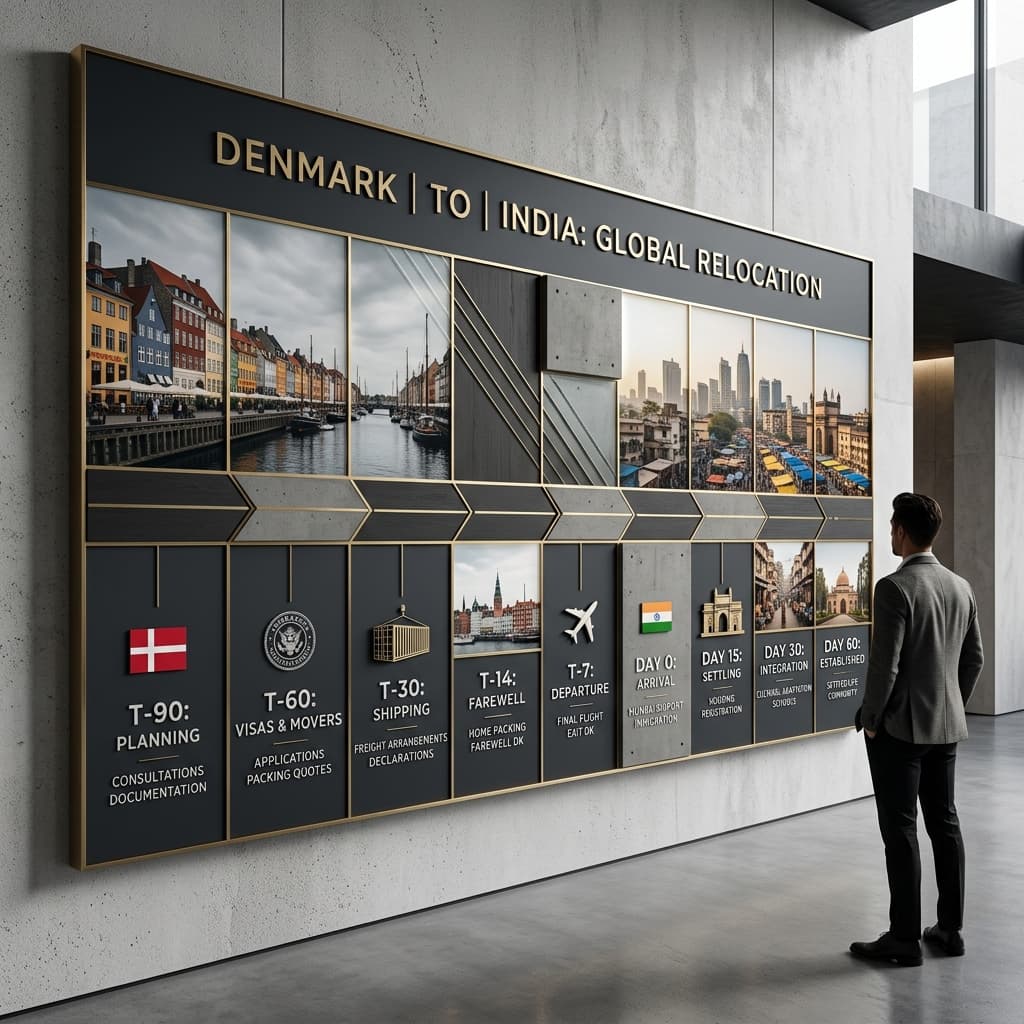 Timeline board showing Denmark to India move stages from T-90 to Day 60.