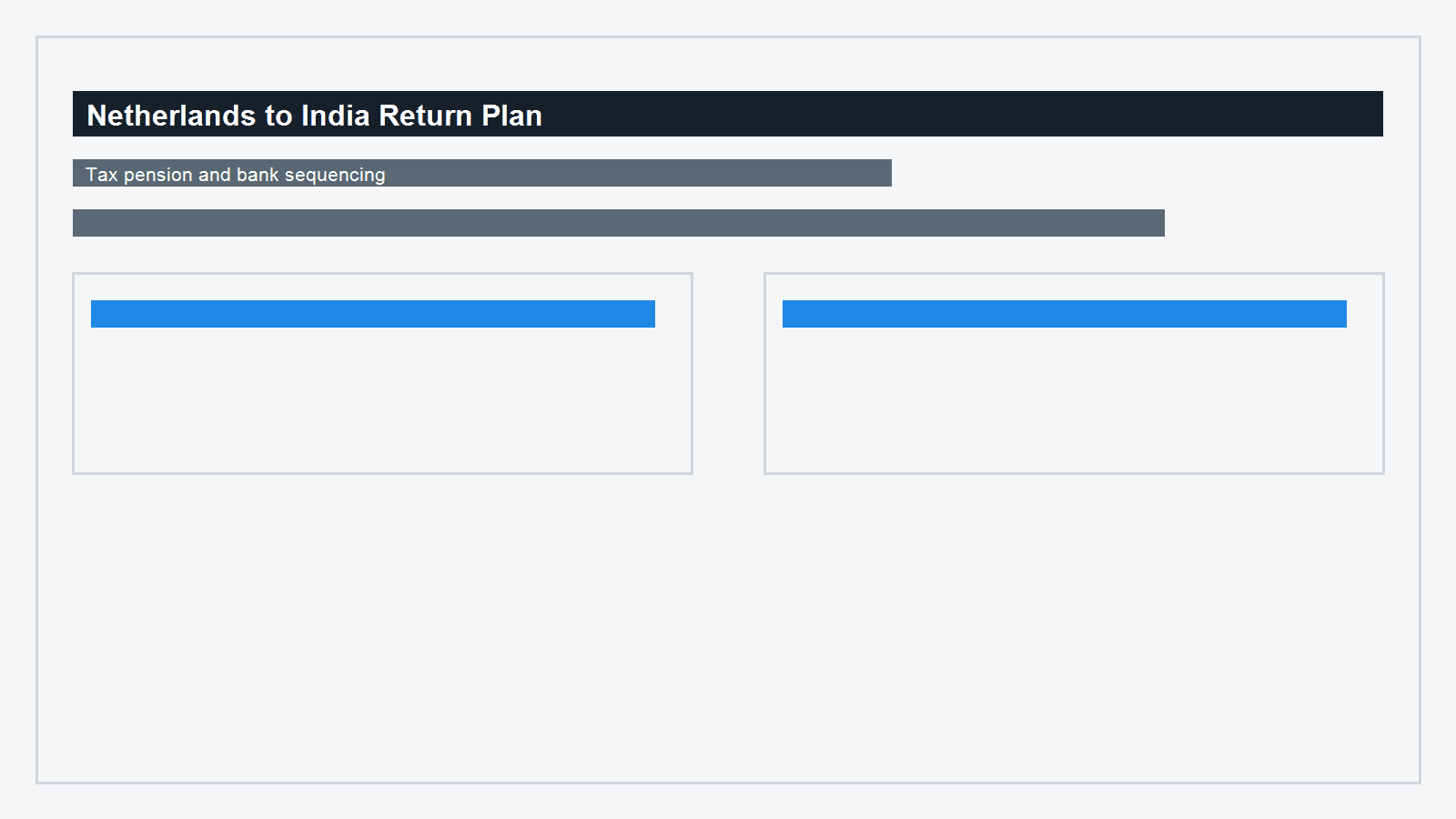 Minimal flat visual of a Netherlands to India relocation plan with tax, pension, and banking checkpoints.