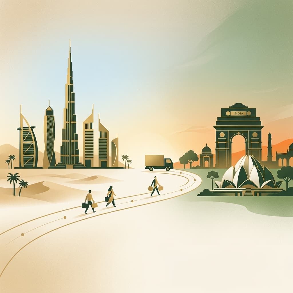 A premium editorial illustration for moving from the UAE to India with stylized Burj Khalifa and India Gate motifs.