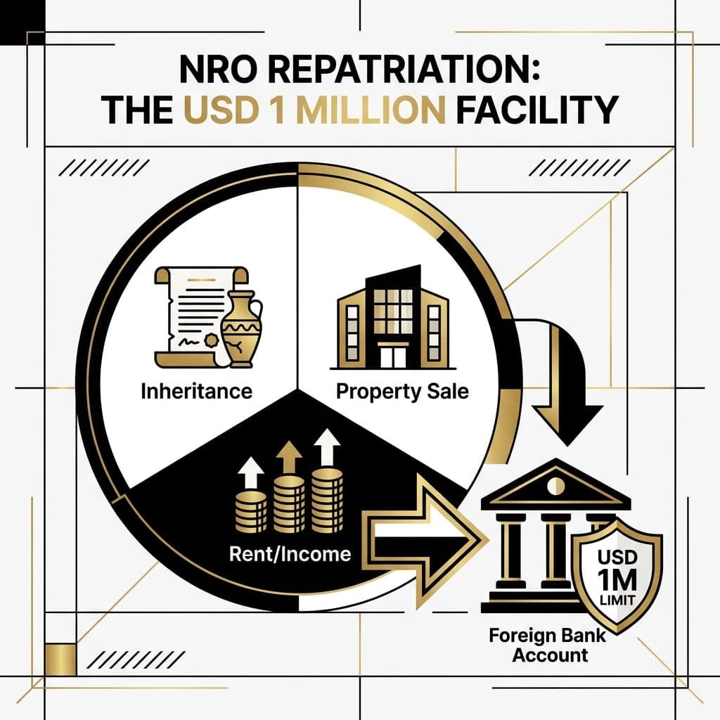 A minimalist infographic of the NRO USD 1 million repatriation rule.