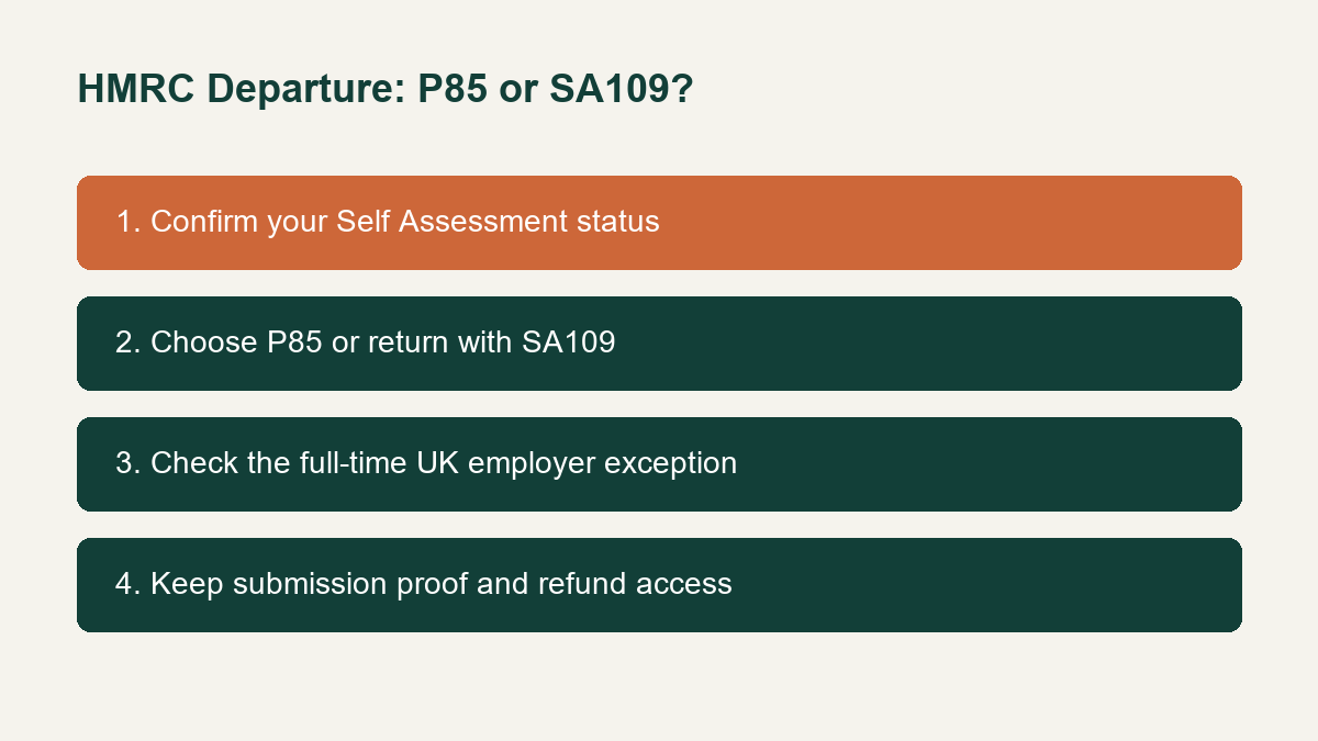 Decision between HMRC P85 and Self Assessment with SA109 for a UK-to-India departure Animated decision map.