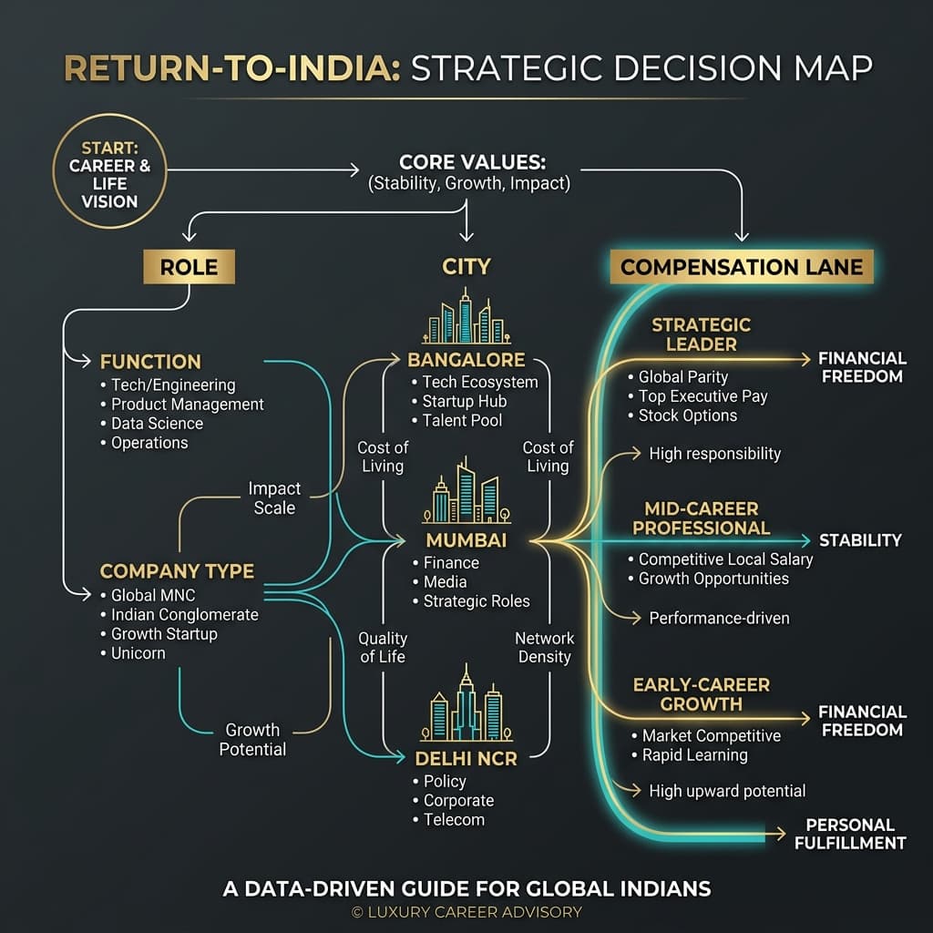 Decision map for choosing role, city, and compensation lane before applying for return-to-India jobs.