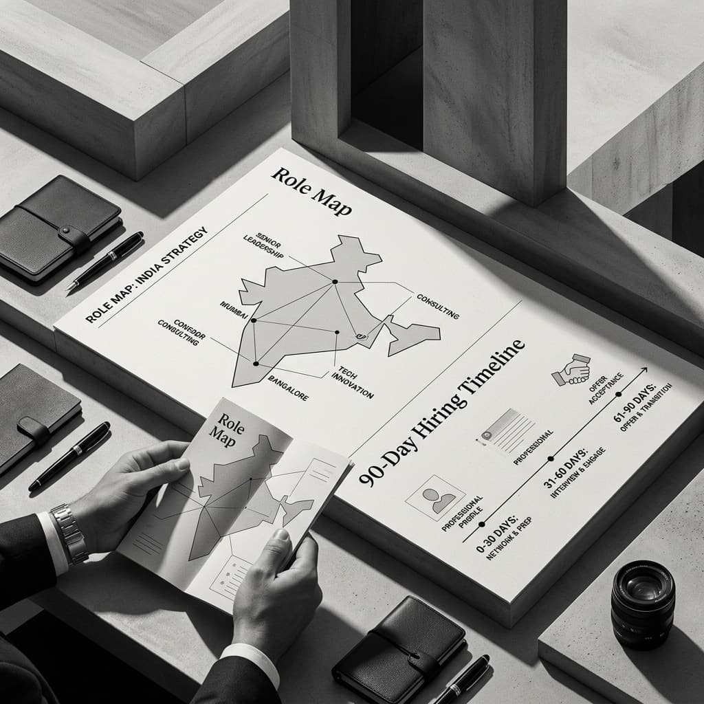 Professional planning a return-to-India job search with a role map and 90-day hiring timeline.