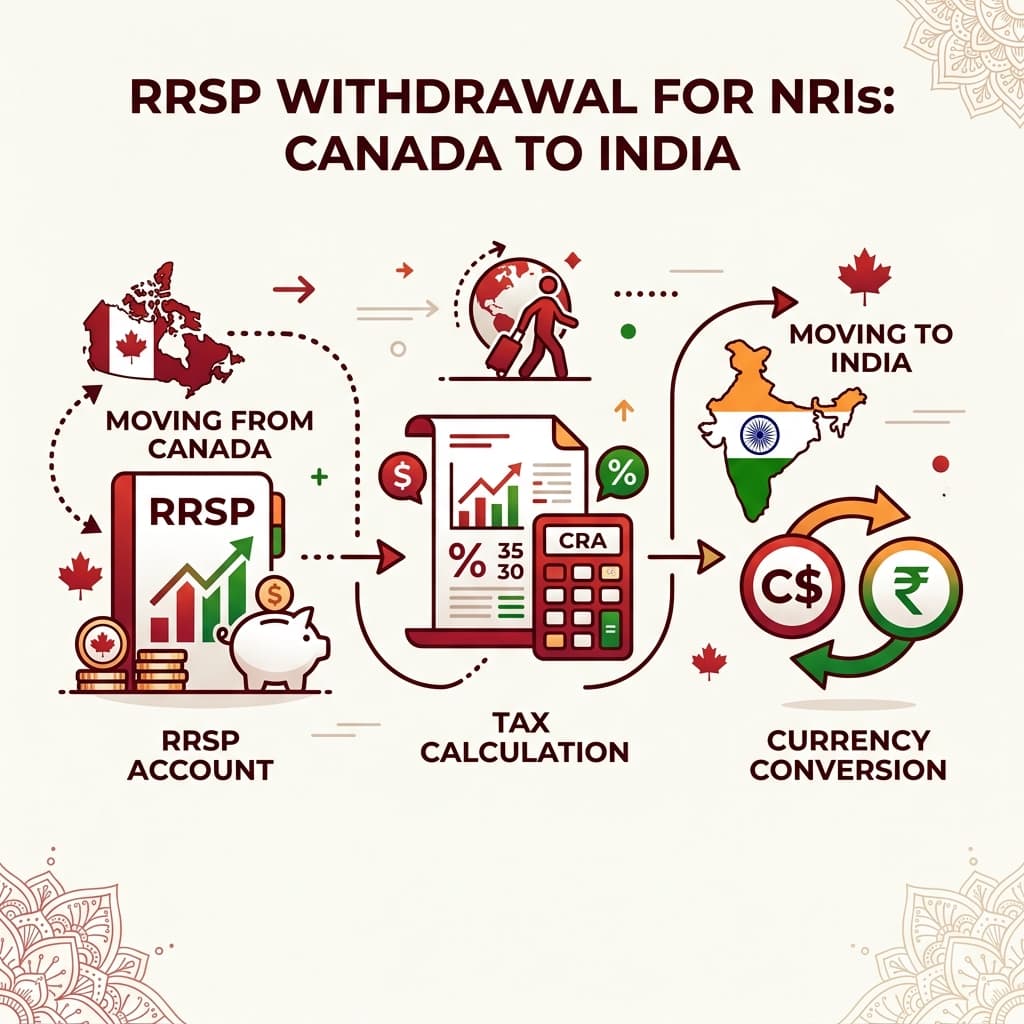 A professional editorial illustration about RRSP withdrawal for NRIs moving from Canada to India.