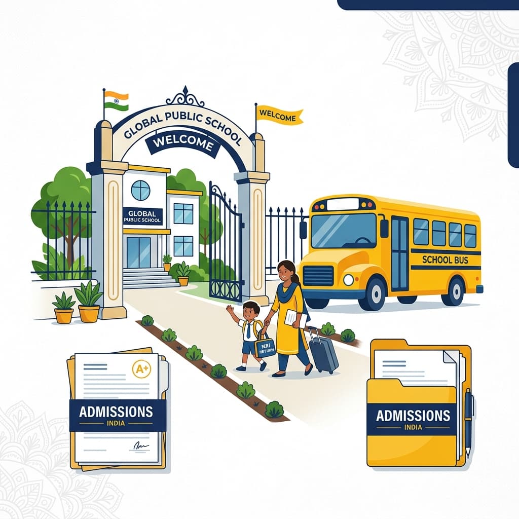 A premium editorial illustration for school admissions in India with stylized school gate and document icons.